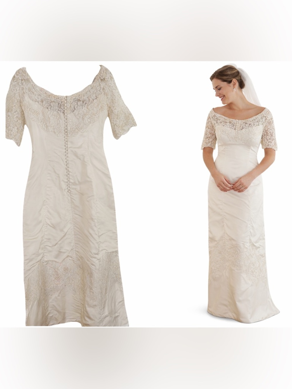 Vintage Wedding Dress Classic Ivory Satin & Lace 1960s Half Sleeve Union Made SM